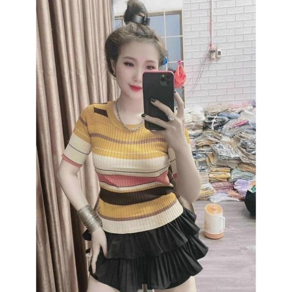 Áo len kẻ phối màu dáng ôm cổ tròn, Áo kiểu ngắn tay co giãn MH1283 - THaoVan Shop