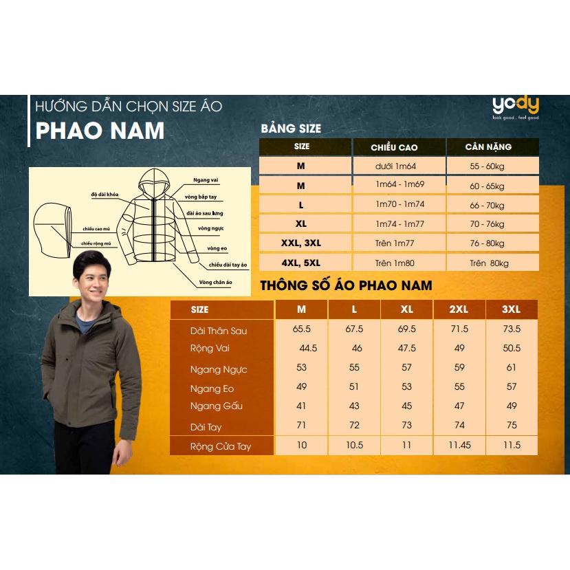 Áo phao nam YODY siêu nhẹ chống thấm nước giữ ấm tốt áo khoác phao có mũ tháo rời PHM5001