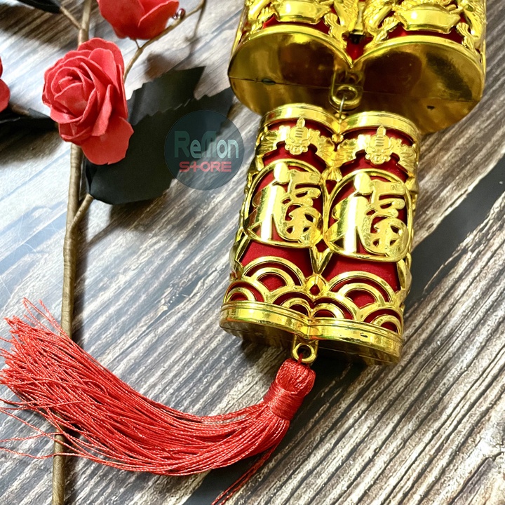 [HCM] (size Đại) Pháo tết đôi trang trí 3D họa tiết nổi vàng kim lồng vải nhung cực đẹp