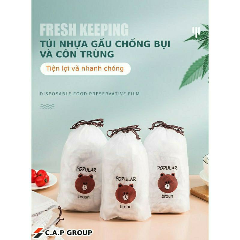 (𝗚𝗶𝗮́ 𝗦𝗶̉) [Combo] Set 100 màng bọc thực phẩm túi hình gấu co giãn tái sử dụng, Đa Năng Tiện Lợi