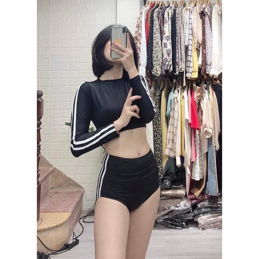 [BIKINI TAY DÀI LƯNG CAO] Đồ bơi 2 mảnh tay dài màu đen chạy sọc trắng mix quần cao che bụng kín đáo