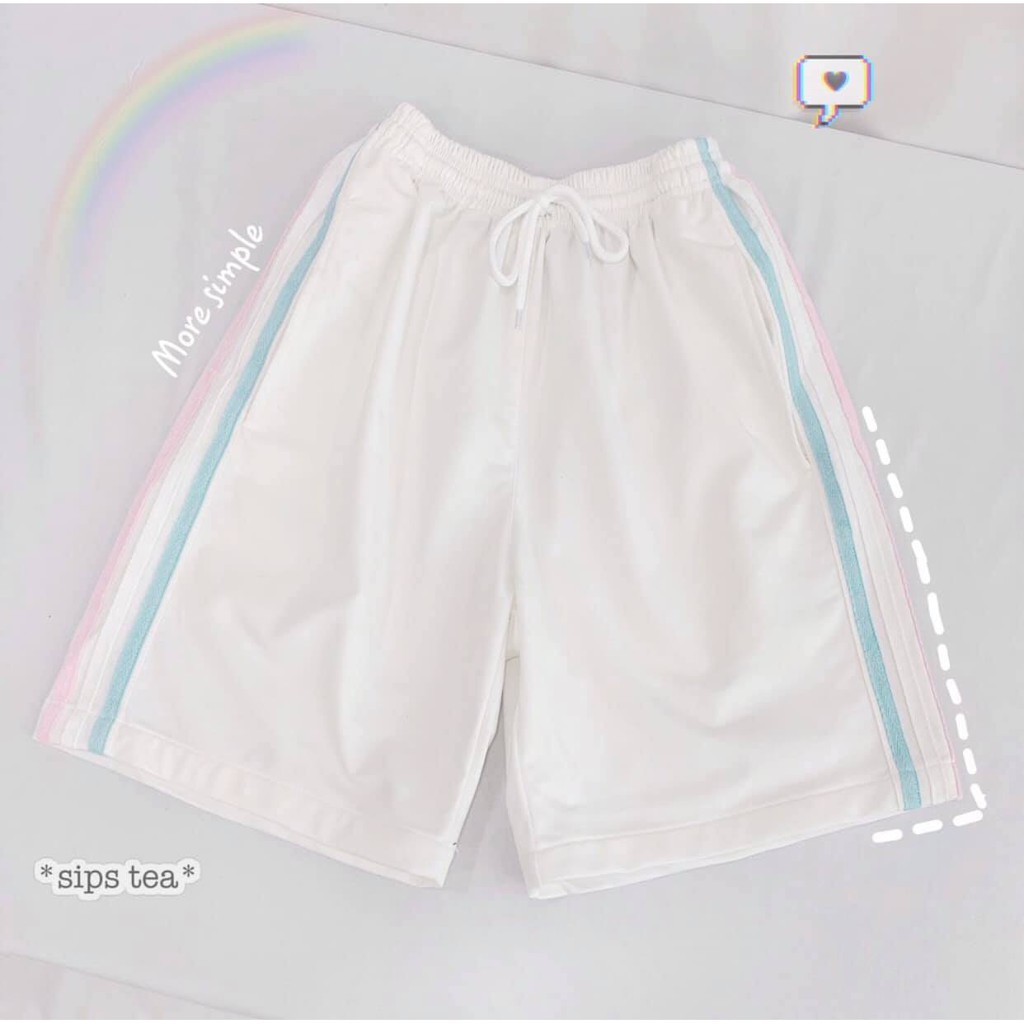 Quần Short Đùi 3 Sọc RAINBOW PEONYB Unisex - Shorts ống rộng cạp chun trơn màu ĐEN, TRẮNG, XANH Ulzzang