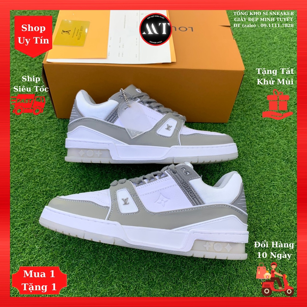 Giày Trắng Xám Louis-Vuittonn sneaker thời trang nam nữ cao cấp, giày da mềm thể thao hot trend, Shop uy tín ở Hà Nội