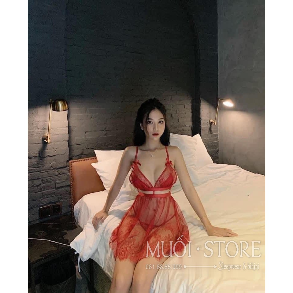 Váy ngủ ren ĐỎ sexy QUẢNG CHÂU Muối Sleepwear - Váy ngủ ren đỏ xuyên thấu sexy -Hàng có sẵn SX 002 - QCCC( có video)