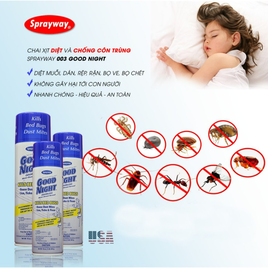 Chai Xịt Diệt Côn Trùng, Bọ Chét, Chấy Rận Chó Mèo Sprayway Goodnight 003 454g Từ Mỹ