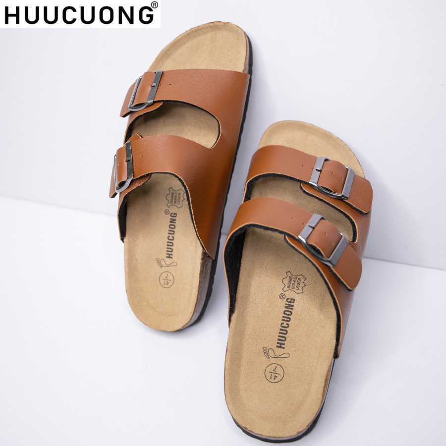 Dép unisex HuuCuong 2 pu nâu đế trấu handmade