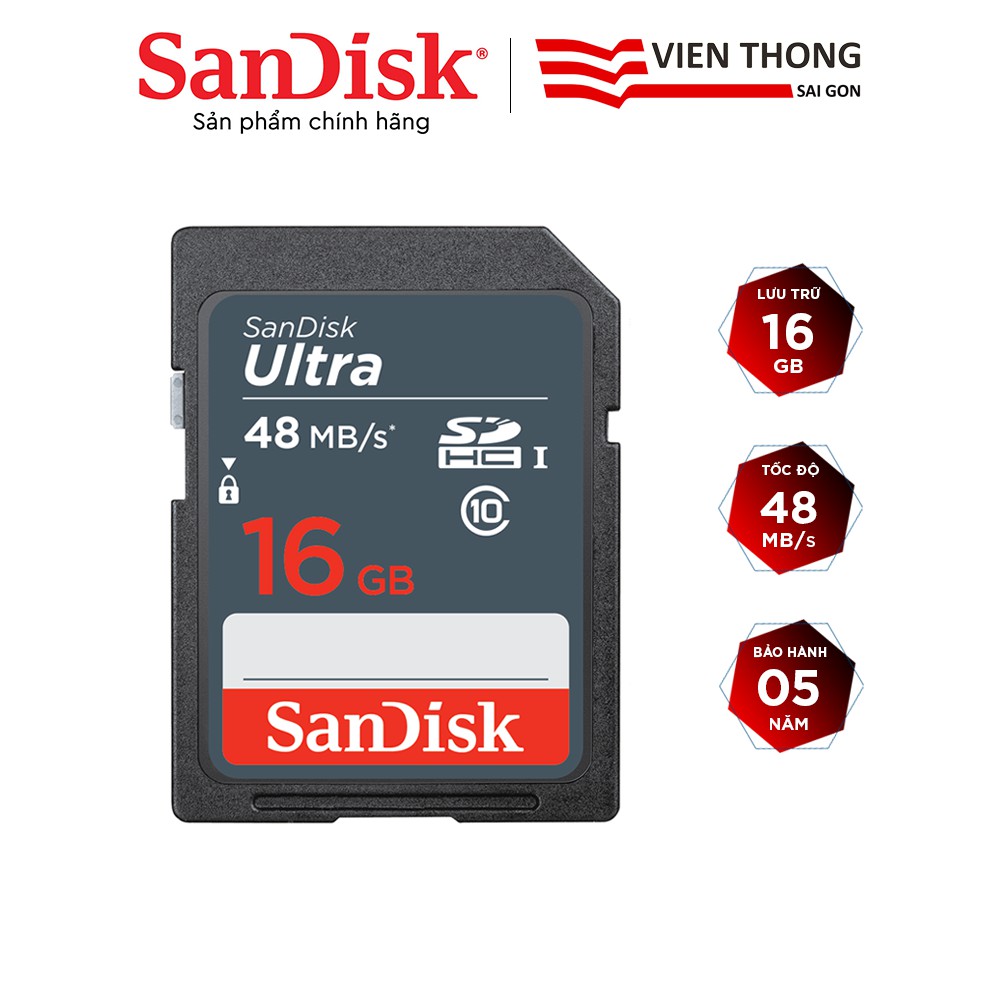 Thẻ nhớ SDHC Sandisk Ultra 16GB upto 48MB/s UHS-I (dành cho máy ảnh) - Hãng phân phối chính thức