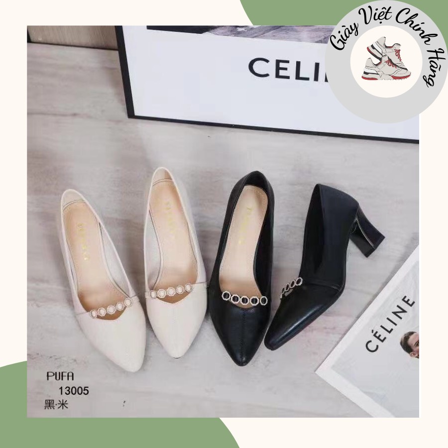 Giày thời trang nữ QC PPP ❤️FREESHIP❤️ Giày công sở cao gót mũi nhọn xẻ mũi gắn khuy đá gót vuông 6cm 13005