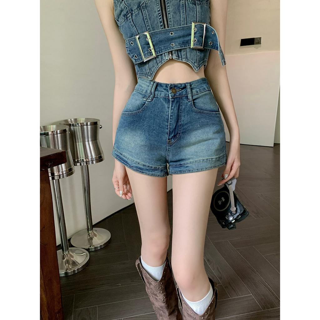 Lalisas Quần Short denim Lưng Cao Ôm Dáng Phong Cách retro Mỹ Cho Nữ