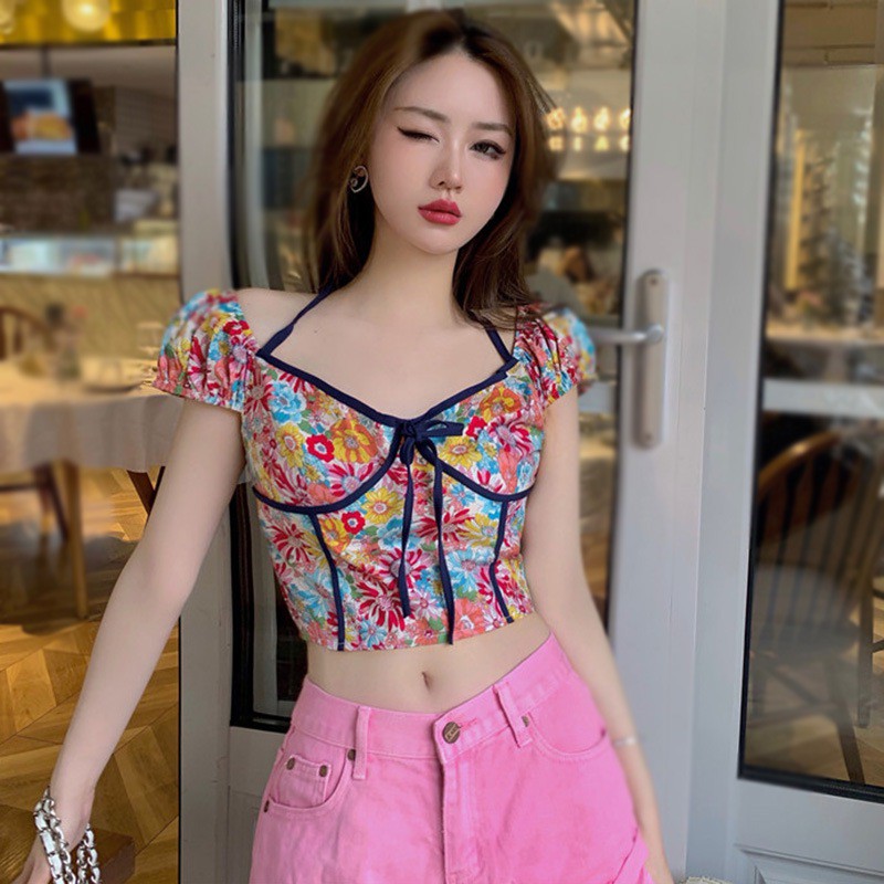 Áo Croptop Tay Ngắn Hoạ Tiết Hoa Thiết Kế Cột Dây Cho Nữ