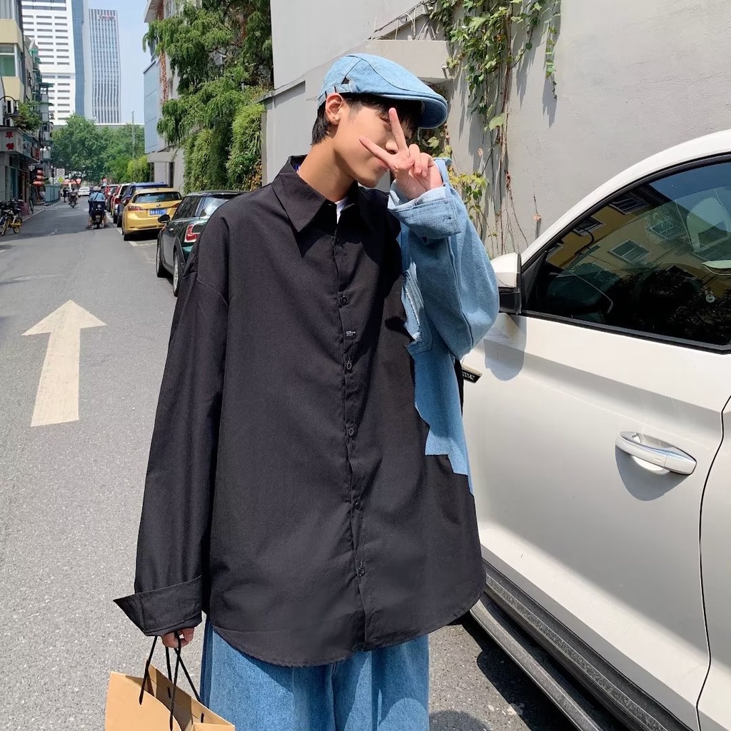 ✦ AFFLIGA ✦Áo Sơ Mi Denim Dáng Rộng Giả Hai Lớp Phong Cách Nhật Hàn Thời Trang Mùa Thu Cho Nam
