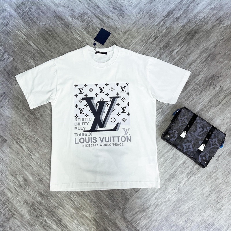 Áo Thun cổ tròn Lv in chữ,Áo Phông tay ngắn Lv mùa hè 2 màu trắng đen thun cotton co giản 4 chiều