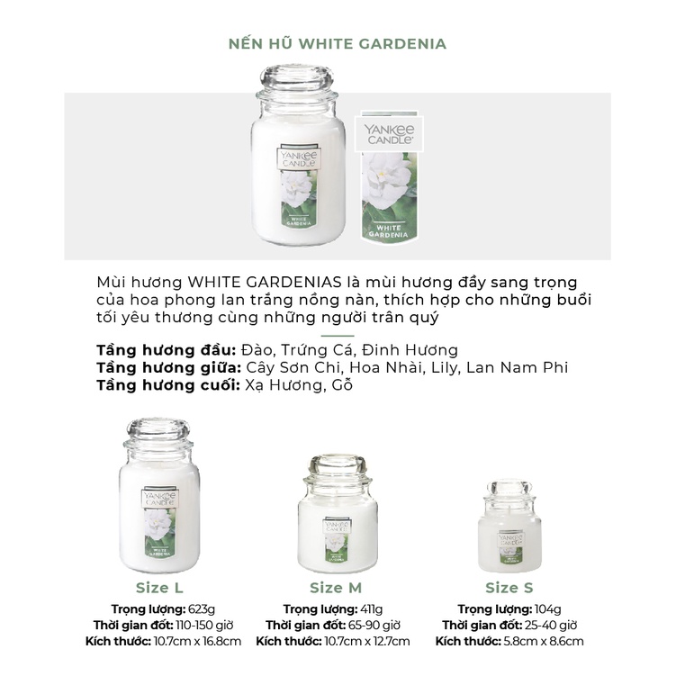 Nến hũ Yankee Candle size L - White Gardenia