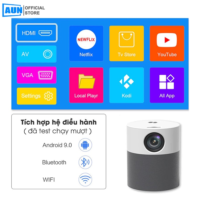 Máy chiếu mini Fullhd 1080p- AUN ET40- Phân giải thực chuẩn 1080p, độ sáng cao 4000 lumen, có hệ điều hành