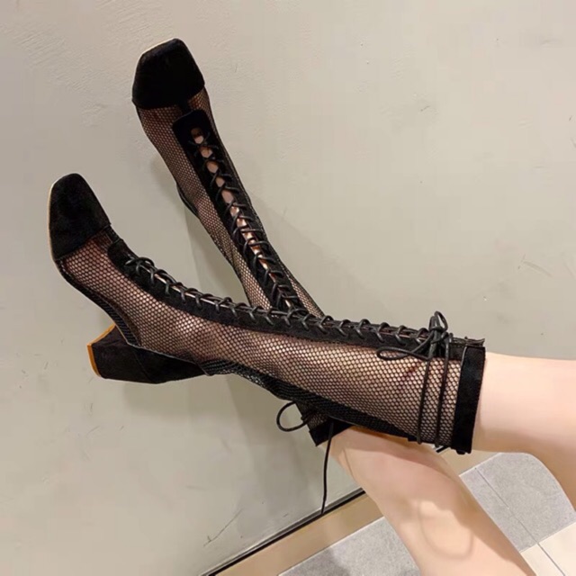 Boots lưới ulzzang cao cổ gót vuông cao 7cm [Order]