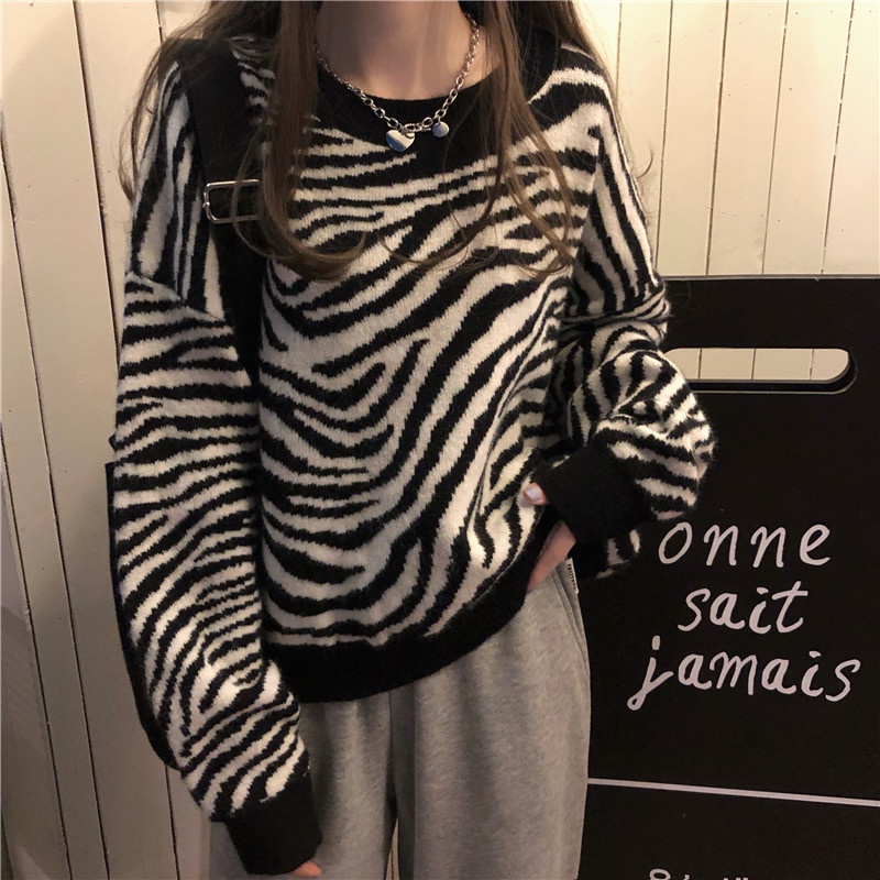 Áo sweater ZHELIHANGFEI tay dài dáng rộng in họa tiết sọc ngựa vằn phong cách retro cá tính trẻ trung