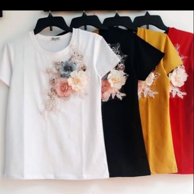Áo thun cotton hoa đính ngọc