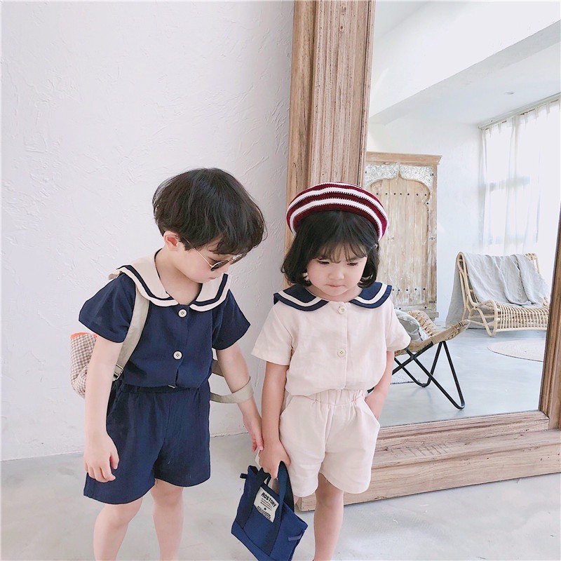 Set hải quân vải lanh cotton cho bé trai và bé gái - Hàng Quảng Châu Cao Cấp