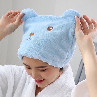 Mũ Trùm Đầu Sấy Khô Tóc Vải Nhung San Hô Siêu Thấm Hút Nhanh Khô Hình Gấu Dễ Thương