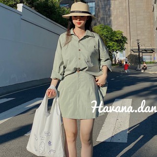 Set chân váy, set sơ mi chân váy, chất đũi xước mềm và mát, chân váy có chun kèm lót quần