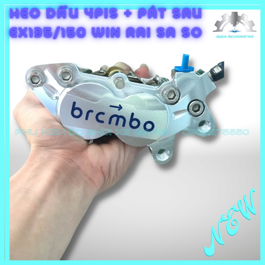 COMBO SAU - Heo dầu Brcmbe 4piston đối xứng (Bạc Logo Xanh) Kèm Pát Sau gắn Ex135 Ex150/155 Winner Raider Satria Sonic