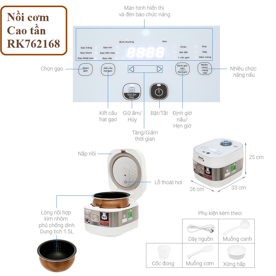 Nồi cơm điện tử Tefal 1 lít - 1.8 lít có xửng hấp, Nồi cơm điện cao tần lòng nồi niêu 4 - 6 lớp - HAPOS