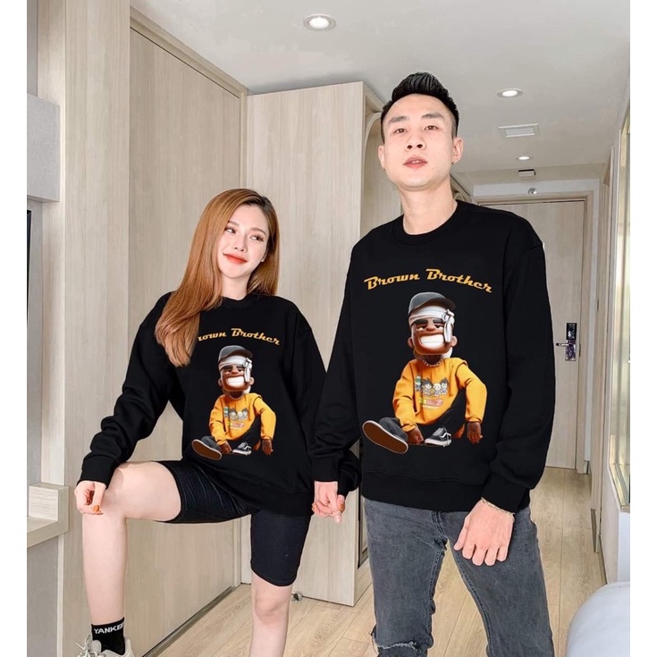 Áo nỉ dài tay bo Brown Brother ulzzang nam nữ oversize hai màu trắng đen | BigBuy360 - bigbuy360.vn