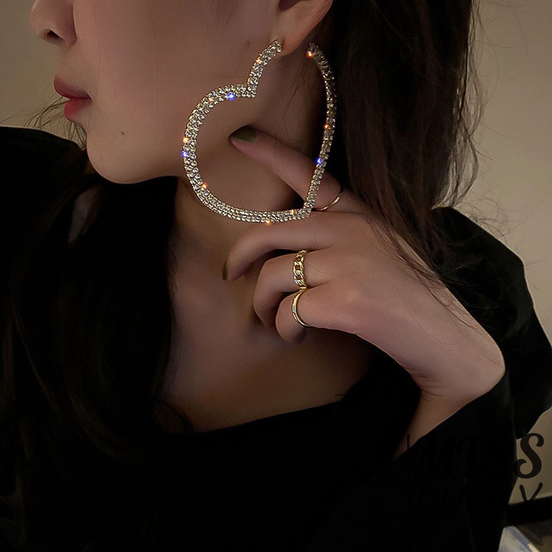 Khuyên tai hình trái tim khảm đá nhân tạo to bản sành điệu cho nữ