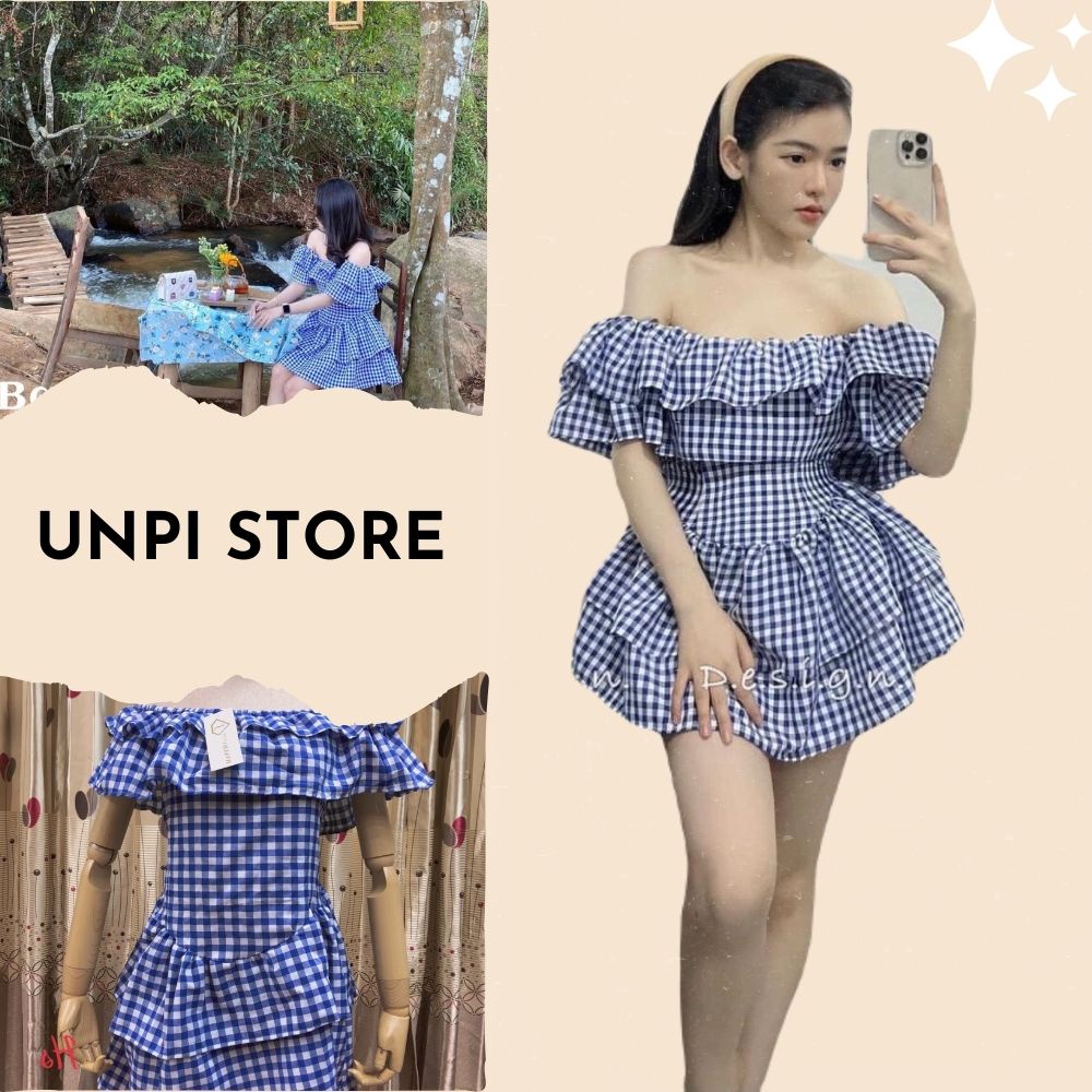 Váy kẻ đầm trễ vai hai tầng sọc caro UNPISTORE 001066