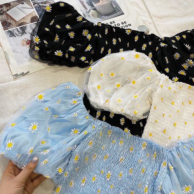 ÁO CROPTOP TRỄ VAI HỌA TIẾT HOA CÚC HỌA MI SIÊU XINH BO CHUN