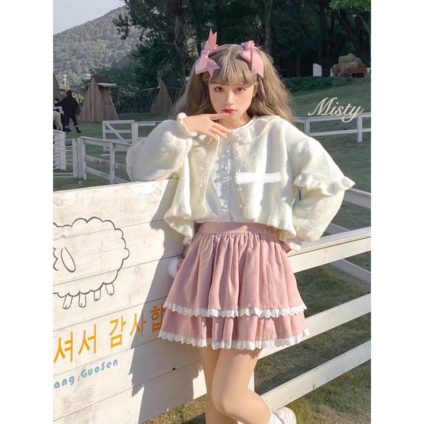 YAS0247-Áo khoác Lolita lông cổ tròn nhún bèo