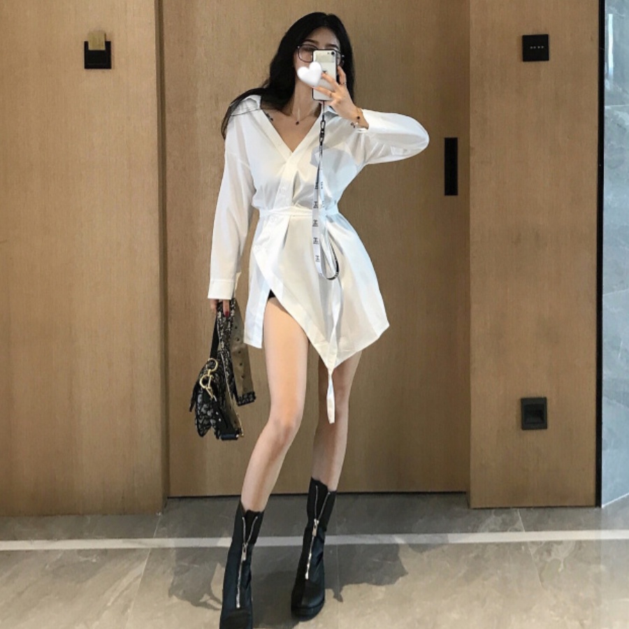 Áo sơ mi kiểu tay dài màu trắng &amp; đen HAF48 Hỉn Hỉn Store