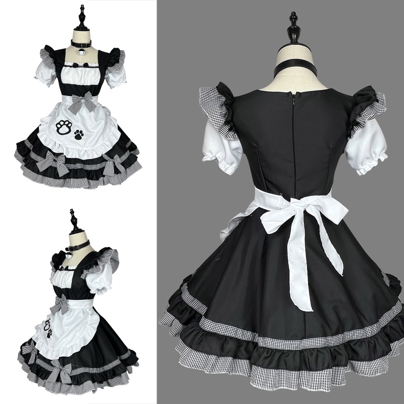 Đầm Hóa Trang Cô Hầu Gái Kiểu Lolita Nhật Bản Phối Bèo Kẻ Sọc Đen Trắng Dễ Thương