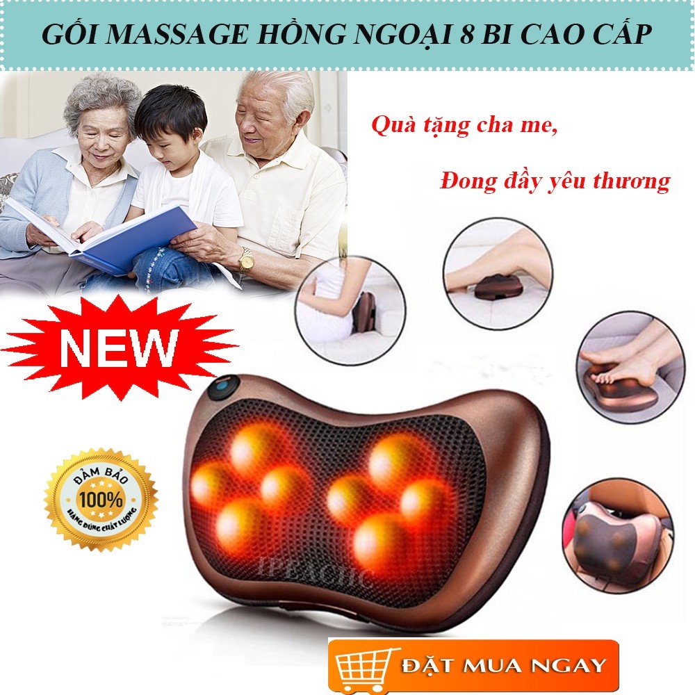 Gối massage hồng ngoại 8 bi cao cấp, gối massage đa chức năng chính hãng