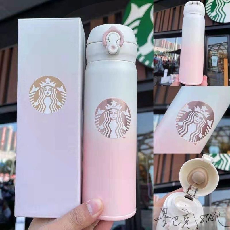 Bình nước giữ nhiệt nóng lạnh Stabuck chất liệu inox 304 màu hồng loang 500 ml Miibooshi D2.099