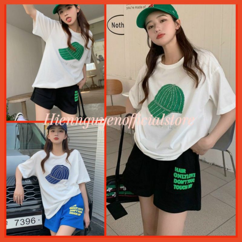 Bộ Đùi Mũ Nón 2 Màu Nữ[FREESHIP] Set đồ mặc hè quần short đùi  kèm áo phông chất dầy  trắng in hình Ulzzang