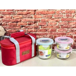 Bộ 3 Hộp Cơm Hàn Quốc Glasslock Kèm Túi Giữ Nhiệt LunchOvan3 màu đỏ, hồng, xanh (2x350ml, 1x720ml)