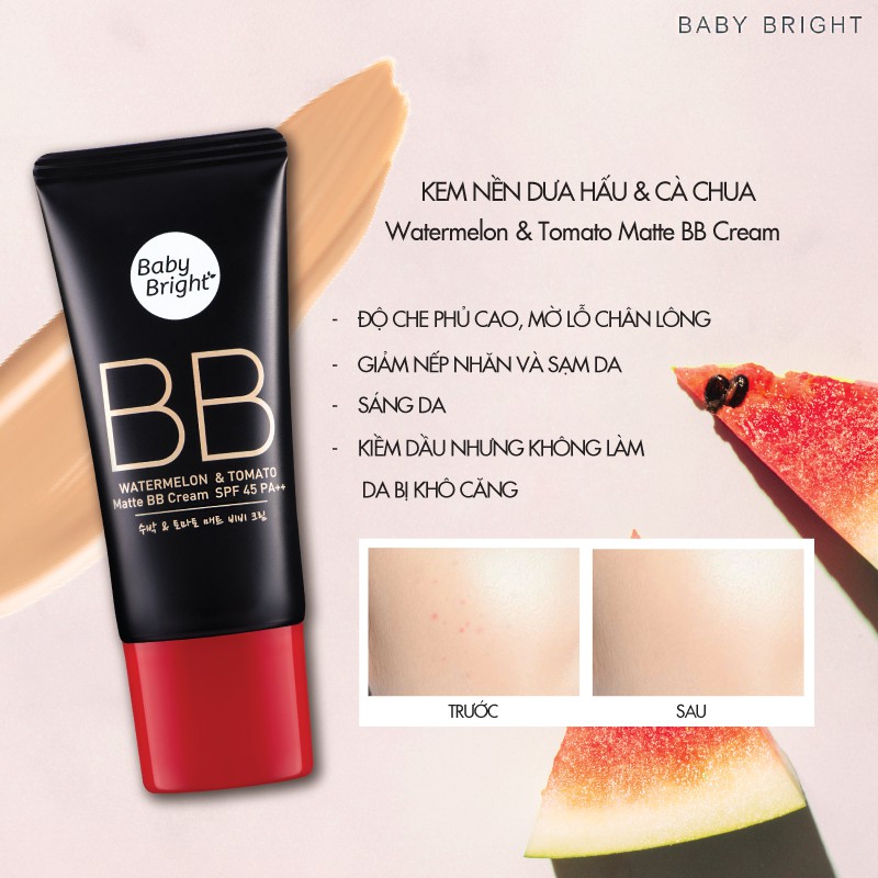 Kem Nền Kiềm Dầu Dưa Hấu Và Cà Chua Baby Bright Watermelon &amp; Tomato Matte BB Cream SPF45 PA++ 30G