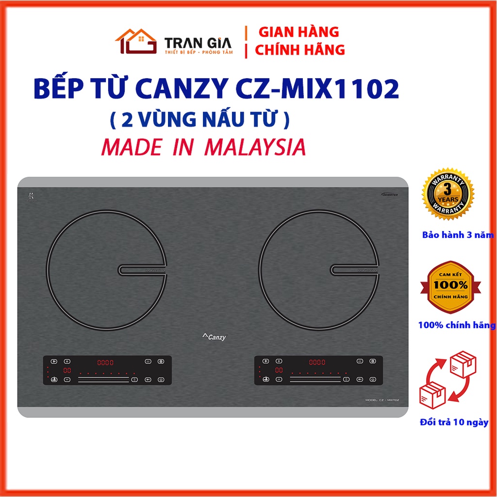 Bếp từ đôi Canzy CZ MIX1102 Kính Kanger vân tuyết chống bám bẩn Bảo hành chính hãng 3 năm
