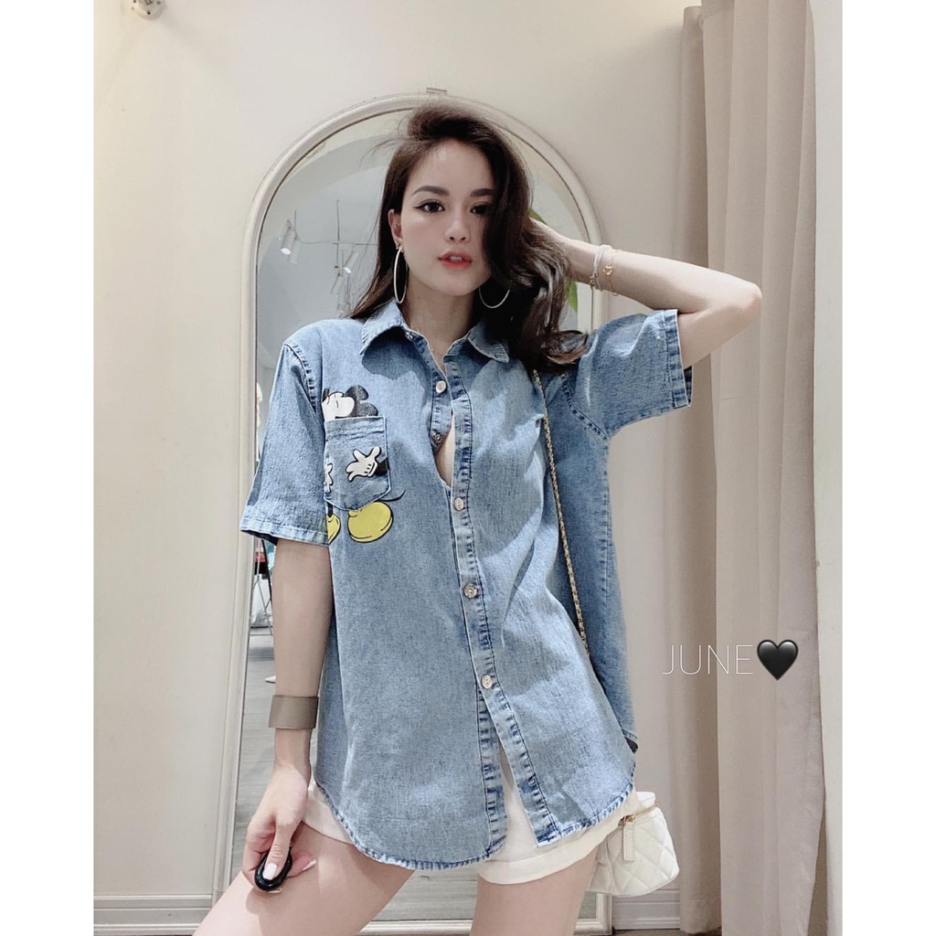 LS_ATN576 Áo sơ mi bò denim màu xanh in micky cho nữ