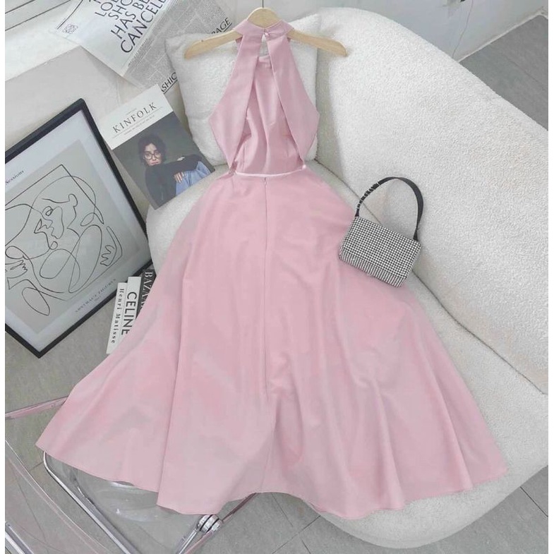 Váy hồng dự tiệc cổ yếm cut out lưng dáng xòe