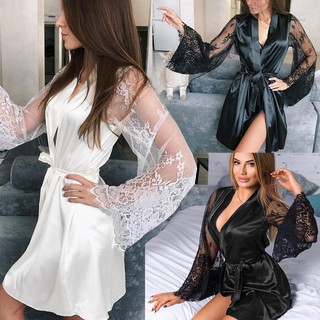 Bộ đồ ngủ/ áo choàng tắm bằng vải lụa phối ren cột nơ eo thời trang quyến rũ cho nữ