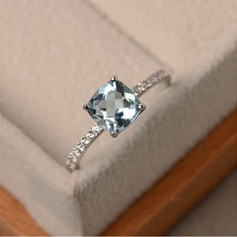 Micro-set zircon sapphire blue square diamond ring female European and American simple engagement ring