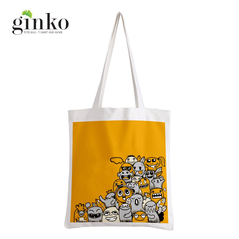 Túi Vải Tote GINKO Kiểu Basic dây kéo In Hình Cartoon Yellow Monsters G162