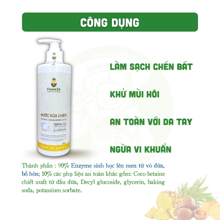 Nước Rửa Chén Hữu Cơ FUWA 3e Hương Dứa Sạch Nhanh An Toàn Cho Bé 100ml 500ml