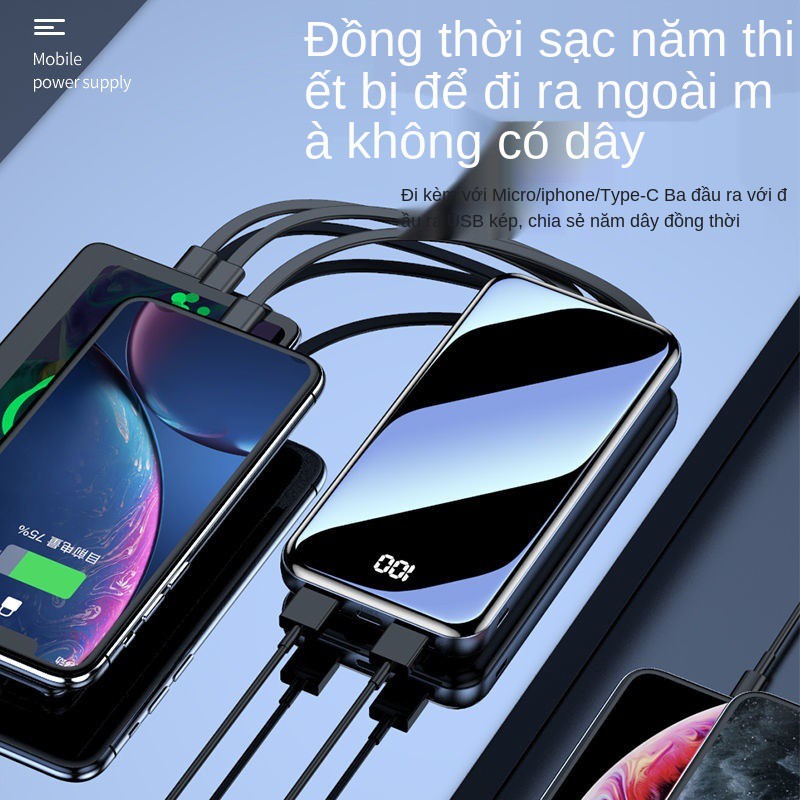 Pin dự phòng 20000 mAh với cáp siêu mỏng nhanh sạc đa năng cho Apple vivo Huawei oppo vinh quang