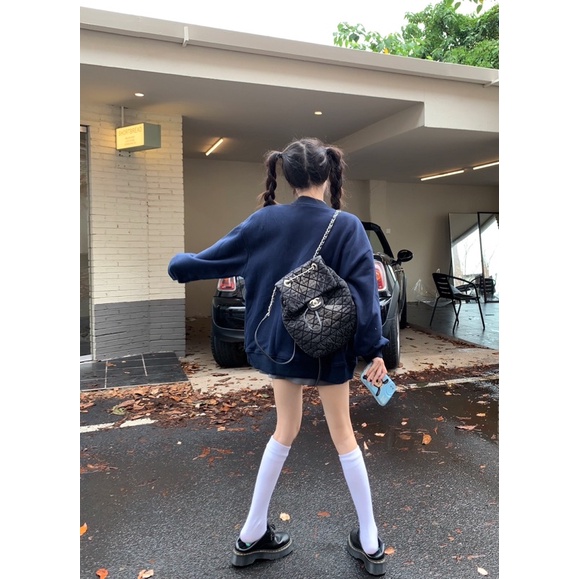 Áo khoác bomber bóng chày cardigan nỉ xanh navy cổ tròn basic dáng rộng cúc trái tim dễ thương Yannie