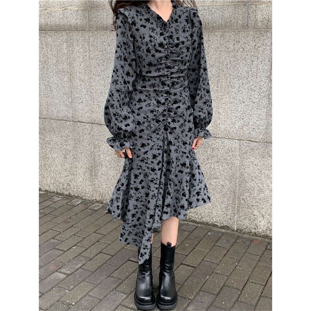 xa (ORDER) Váy hoa đen màu xanh retro thiết kế xòe đuôi cá vạt chéo style kiểu Pháp cổ điển (HÀNG_MỚI_VỀ) h
