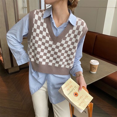 Áo len nữ cổ chữ V không tay họa tiết caro thời trang | BigBuy360 - bigbuy360.vn