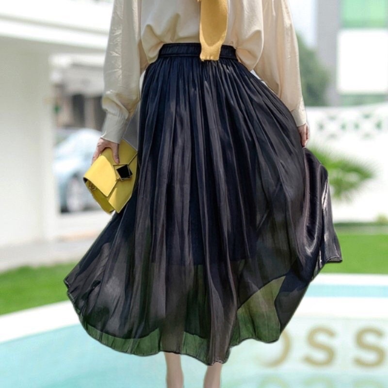 Chân váy voan lụa tơ óng xoè dáng dài midi hàng quảng châu